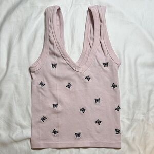 Pink Ribbed Tank Top with Black Butterfly Embroidery